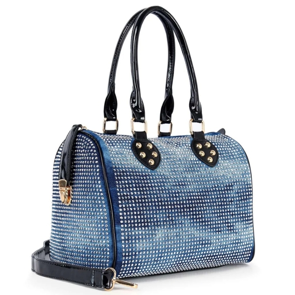 Elegant Stunning Rhinestone Bling Blue Denim and Black Handbag Purse - Picture 1 of 2